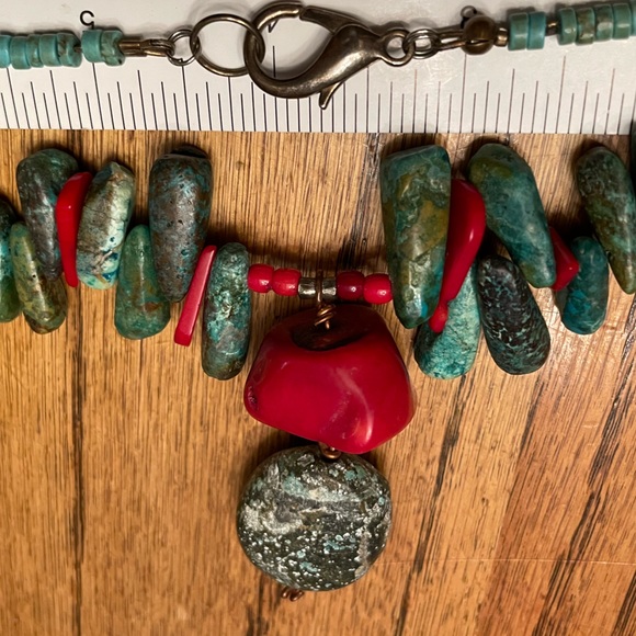 Turquoise and coral stones - hand crafted into this beautiful piece. Length @15” - Picture 4 of 6